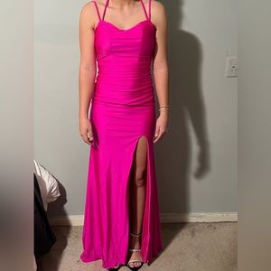 Hot pink prom dress! Size 2. Model is typically a size 4 so I’d call it a 2-4